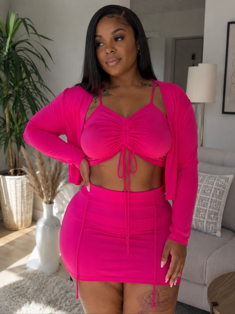 Curvy Girl 3PC Summer Set | Chic Taupe Crop Top Cardigan & Mini Skirt 2X and 3X